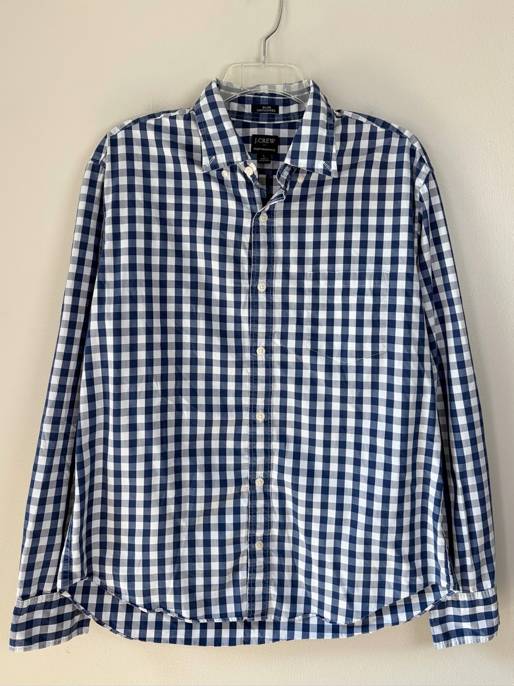 J. Crew Men’s Navy Gingham Plaid Slim Untucked Performance Button Down Shirt